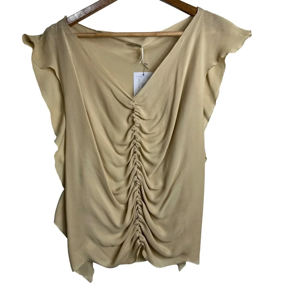 Max‎ Studio y2k Wheat Ruched V-Neck Flutter Sleeve Blouse Tan NWT Size L 2302X33